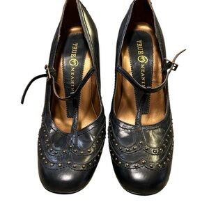 Vintage True Meaning Black Heels with a T-Strap and Perforated Design Size 8